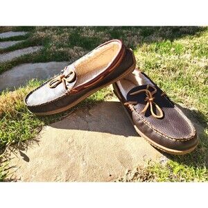 LL Bean Handsewn Moccasin Men 11 Shoe Brown Leather Shearling Lined Slippers